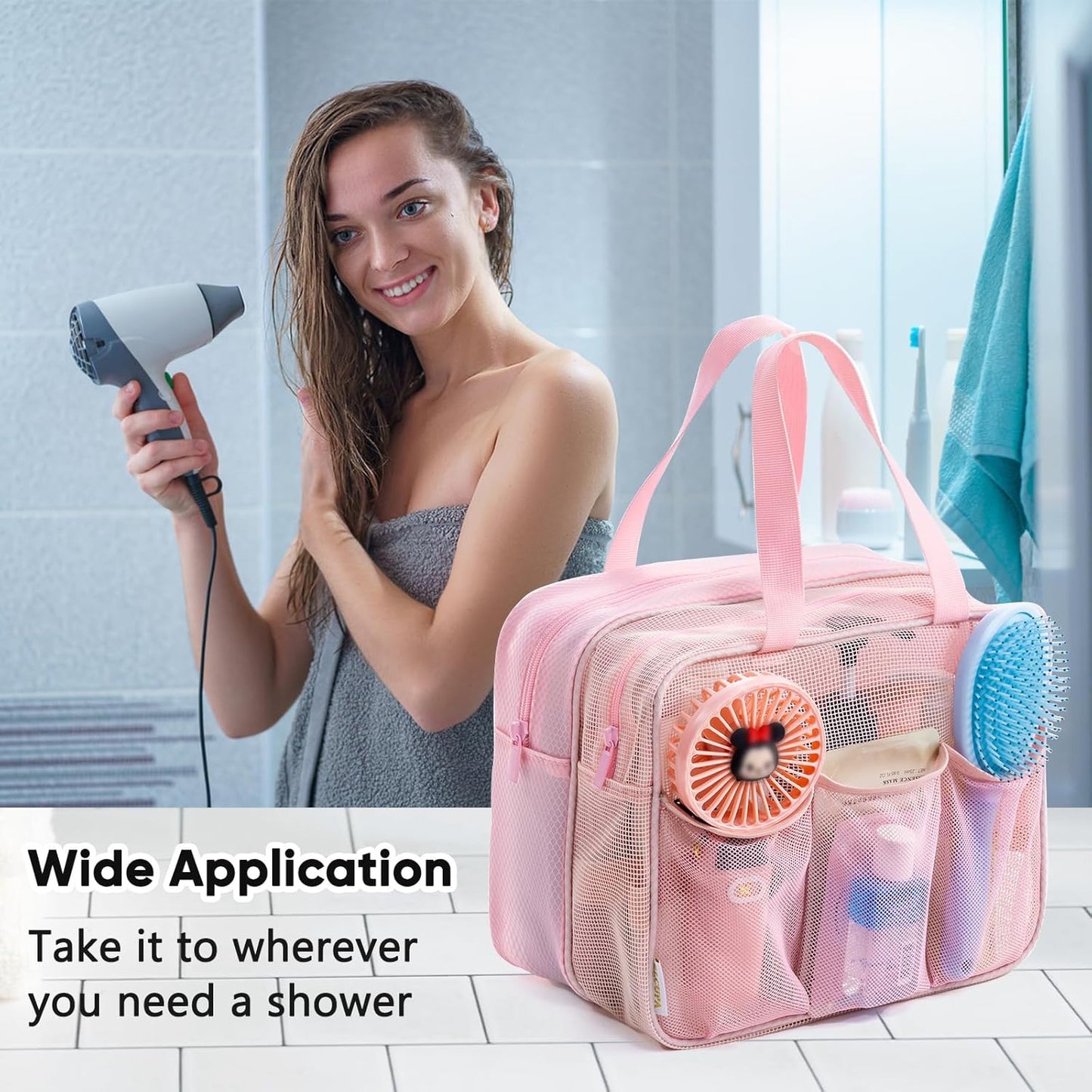 Large Mesh Shower Caddy with Wet & Dry Zones – Portable Hanging Toiletry Bag for College Dorm Room Essentials, Travel, Gym, Camping, Beach Tote Bag – Quick-Dry Shower Tote Organizer