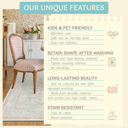 Soft Washable Runner Rug 2x6 Non Slip for Girls Bedroom, Laundry Room Rug, Kitchen, Bathroom, Floral Light Pink and Blue Stain Resistant Floor Runner Carpet Low Pile with Rubber Backing