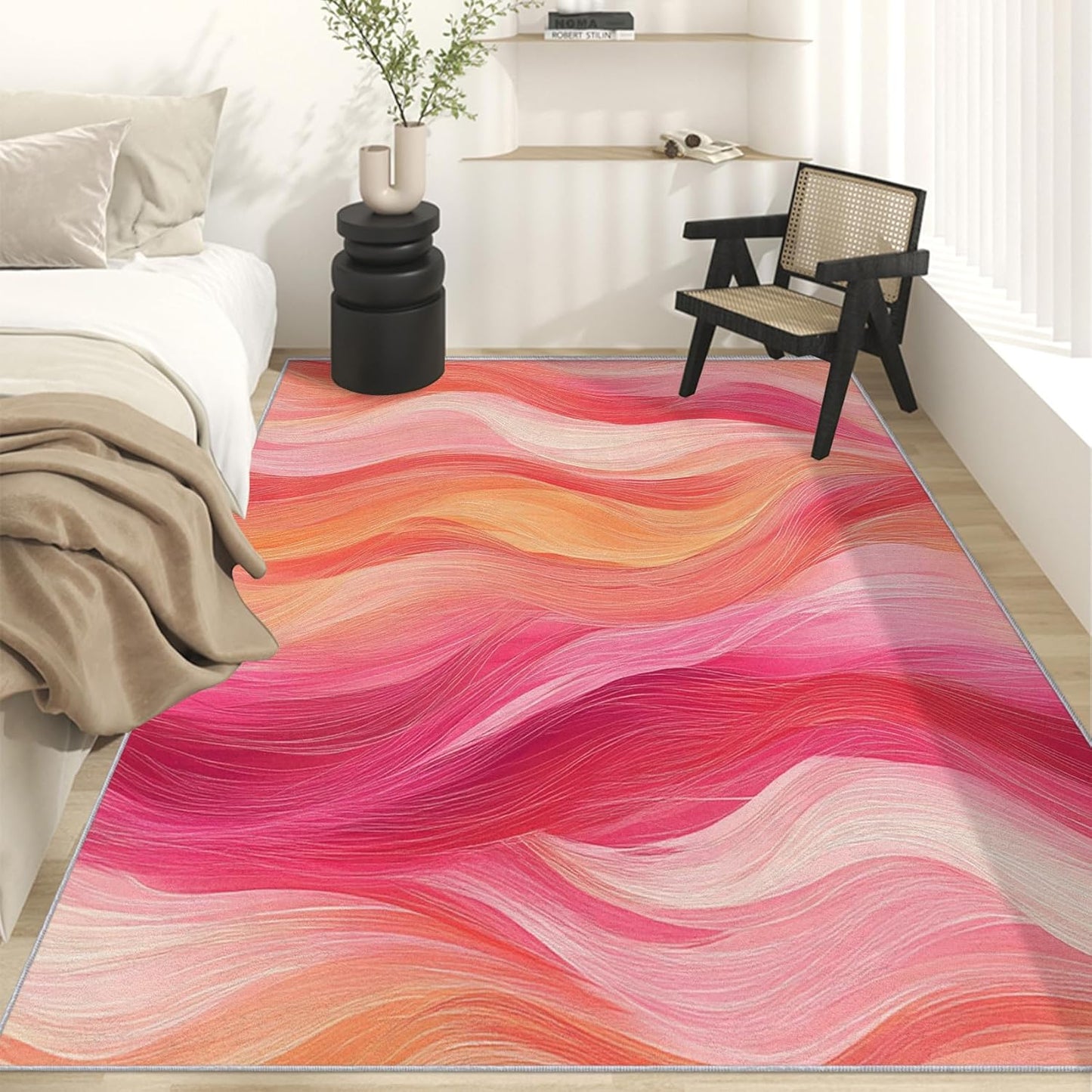 Washable Modern Art Rug 3x4, Modern Abstract Waves Rugs Living Room Bedroom Accessories, Soft Low Pile Non Slip Area Rug, Peach Pink Wave Home Decor Indoor Carpet zCb5