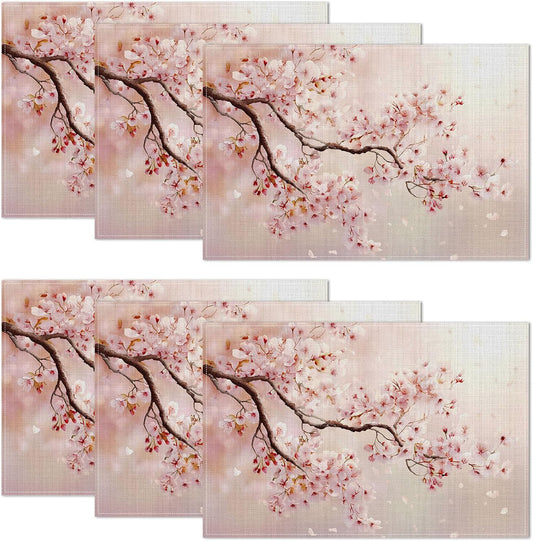 Cherry Blossom Pink Flower Placemats Set of 6,12 x 18 Inch Table Mats Washable Heat Resistant Linen Fabric Rectangle Place Mat for Party Home Kitchen Dining