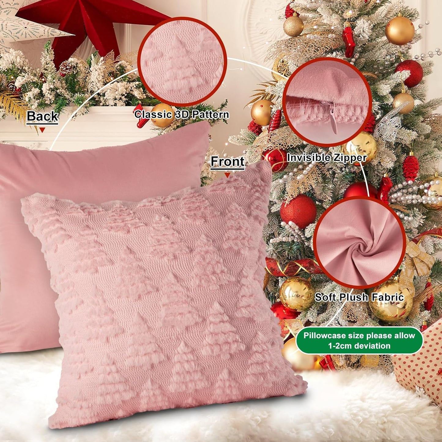Lanpn Christmas 18x18 Throw Pillow Covers Set of 2, Winter Christmas Tree Throw Pillow Cases Soft Plush Faux Fur Wool 18 x 18 Winter Cushion Cover for Indoor Home Bedroom Couch Sofa Decor (Pink)