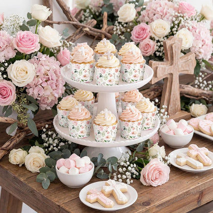 Qinyoung 150 Pcs Pink Floral Cupcake Wrappers Liners Rose Paper Baking Cups Greaseproof Disposable Scalloped Flower Cupcake Muffin Cases for Spring Summer Wedding Baby Shower Birthday Tea Party Decor