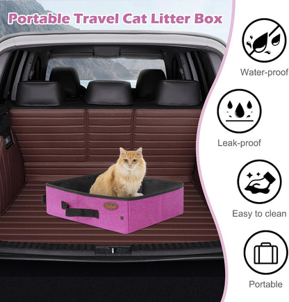 Deblue Portable Cat Travel Litter Box in Car, Collapsible Cat Litter Carrier Waterproof Mobile Litter Box for Outdoor Fit Medium Cats and Kitties, Leak-Proof, Sturdy, Lightweight-Pink