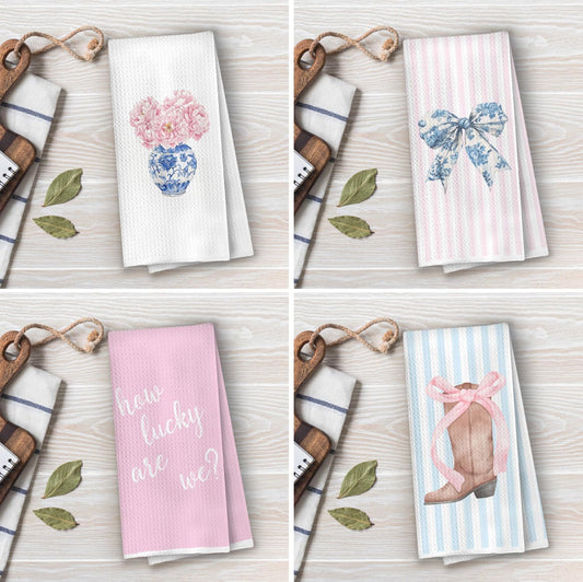 Chinoiserie Western Kitchen Towels Set - Preppy Coquette Cowgirl Waffle Decorative Dish Towels, Coquette Bow Cowgirl Boots Hand Towel, Pink Hydrangea Tea Towel, 16x24 Inches Set of 4