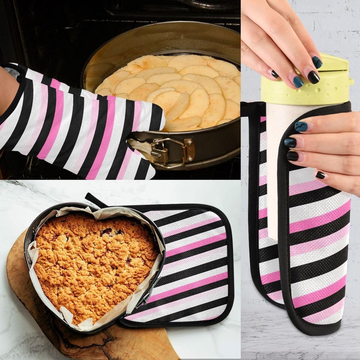 Black Pink and White Stripes Oven Mitts and Pot Holders Set for Cooking Baking Kitchen Decor