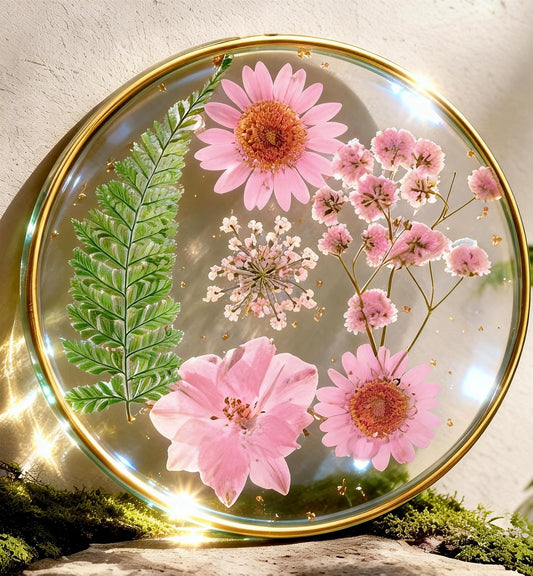 Oqplog Resin Drink Coaster for Desk Coffee Table-Pink Cute Dried Flowers Cup Coaster for Work Office Home Outdoor Decor Gifts for Girls Women,1 Pcs