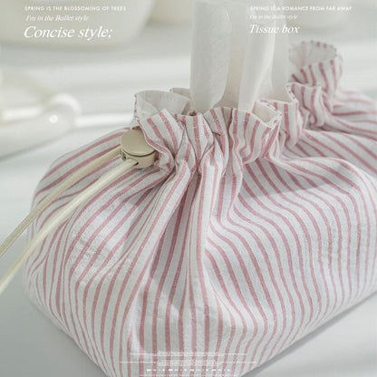Fabric Tissue Box Cover with Handle, Pink Striped Cotton Tissue Holder for Home, Office, Bedroom, Car – Decorative Washable Tissue Case