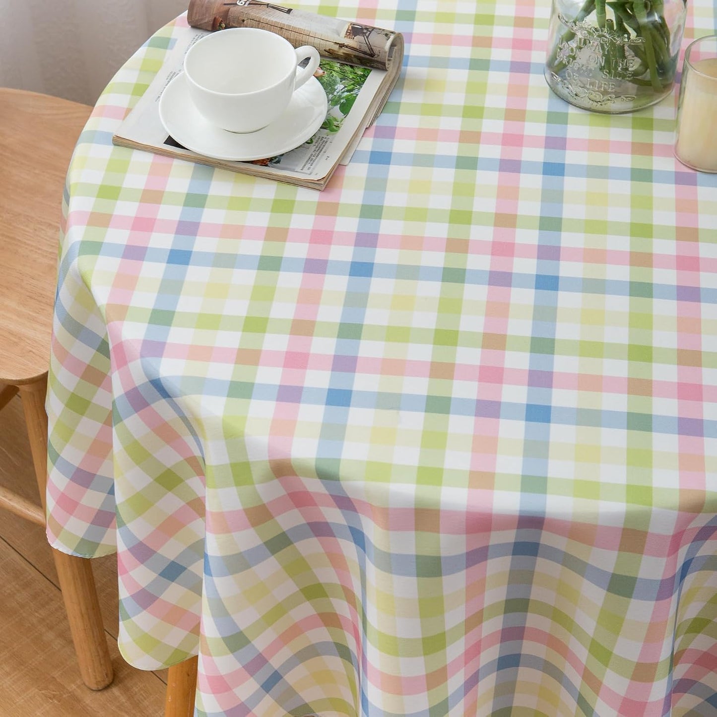 Easter 60 Inch Round Tablecloth Spring Pink Green Blue White Pastel Buffalo Check Plaid Rustic Table Cloth - Polyester Table Cover Reusable Water Resistant for Summer Holiday Party Picnic Décor