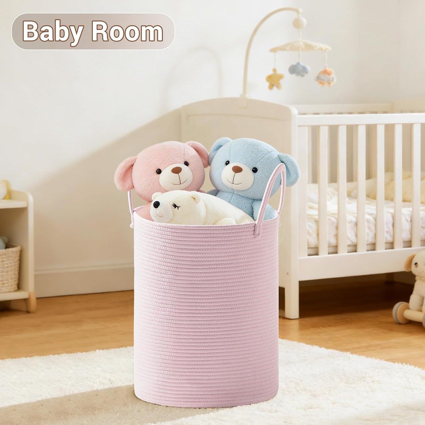 Girls' Tall Laundry Basket with Handles, 53L Portable Dirty Clothes Hamper, Boho Cotton Rope Storage Bin for Blankets Kids Toys Gifts, Decorative Organizer for Nursery Bedroom Bathroom, Pink