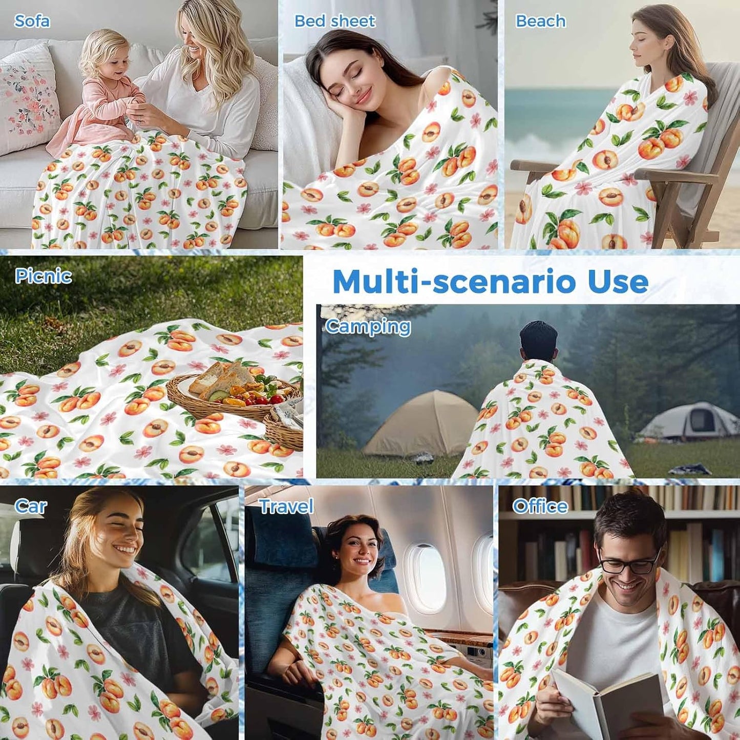 Summer Cozy Cooling Blanket, Fruit Peaches Soft All Season Lightweight Summer Home Decor Blanket for Bed Couch Sofa Chair Travel, 40 x 60 Inch