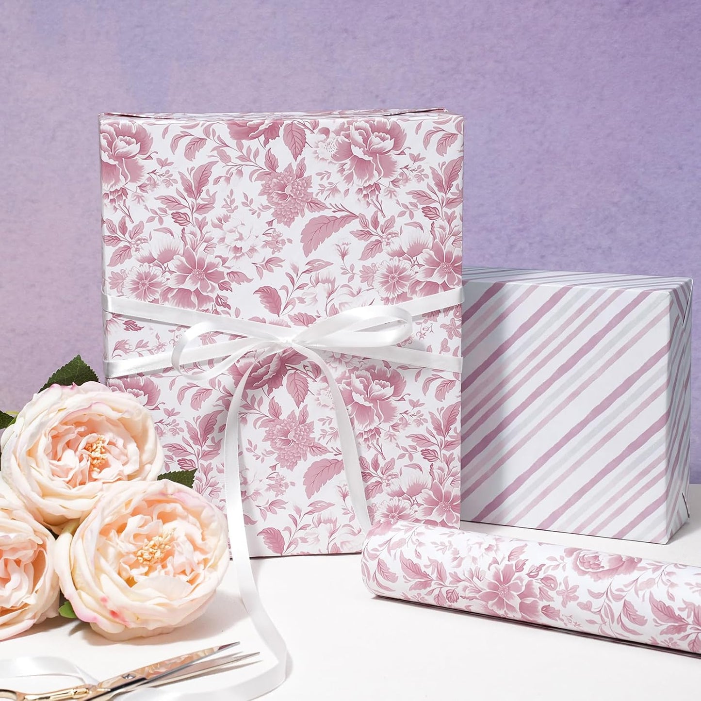 LaRibbons Pink Floral Wrapping Paper - Mini Roll, Reversible Chinoiserise Peony Flower & Striped Gift Wrap for Bridal Shower, Valentine's Day, Baby Shower, Wedding & Mother's Day, 17 Inch x 33 Feet
