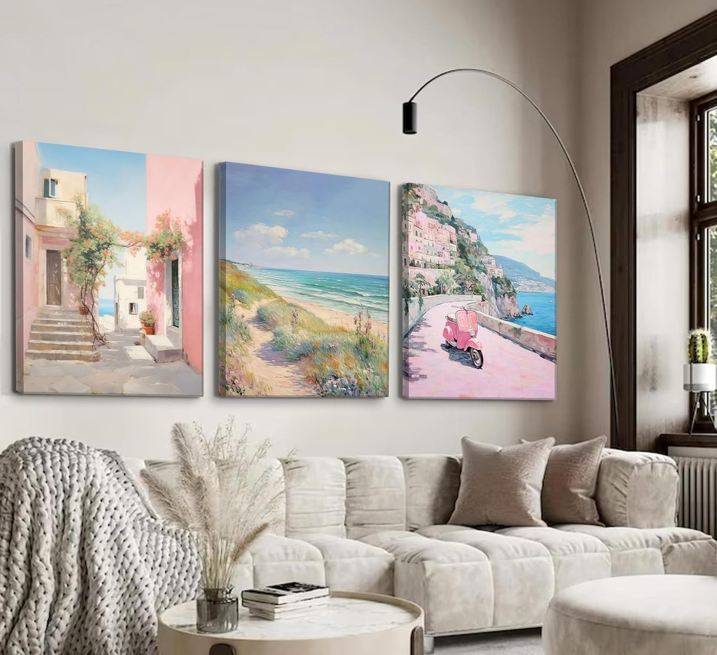 3Pcs Amalfi Coast Pastel Canvas Wall Art Trendy Pink Beach Preppy Painting Picture Wall Decor Aesthetic Italian Beachy Landscape Poster Print Artwork for Teen Girl Dorm Girls Room Home Decoration