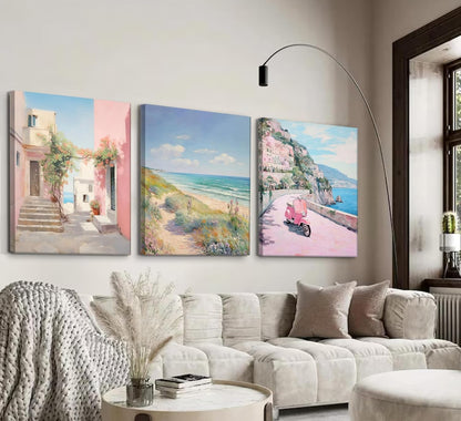 3Pcs Amalfi Coast Pastel Canvas Wall Art Trendy Pink Beach Preppy Painting Picture Wall Decor Aesthetic Italian Beachy Landscape Poster Print Artwork for Teen Girl Dorm Girls Room Home Decoration