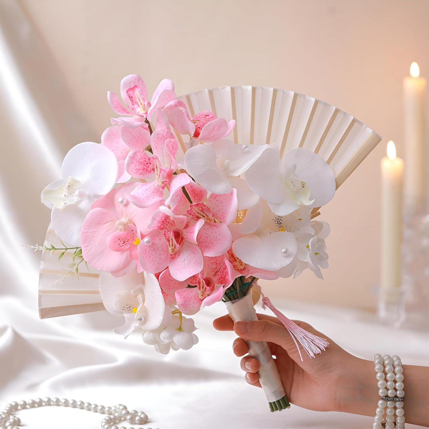 Wedding Bouquets for Bride Bridesmaid 12 Inch Pink White Flower Bridal Bouquets Artificial Phalaenopsis Orchid Fan Ramos De Novia para Boda for Wedding Ceremony Church Decor