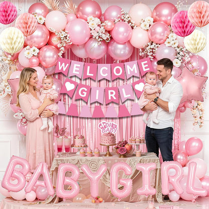 Pink Baby Shower Decorations- Girls Shower Decor Set with- Welcome Baby Banner, Clothes Banner, Fringe Curtains, Cake Topper, Honeycomb Ball, Dusty Pink Balloon and Aluminum foil Balloons (Girl)