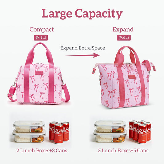 Lunch Bag Women Insulated Lunch Box,Cute Large Lunch bags,Reusable Leakproof Cooler Bag with Adjustable Shoulder Strap, Aesthetic Lunch Tote for Work Office Picnic Pink bow