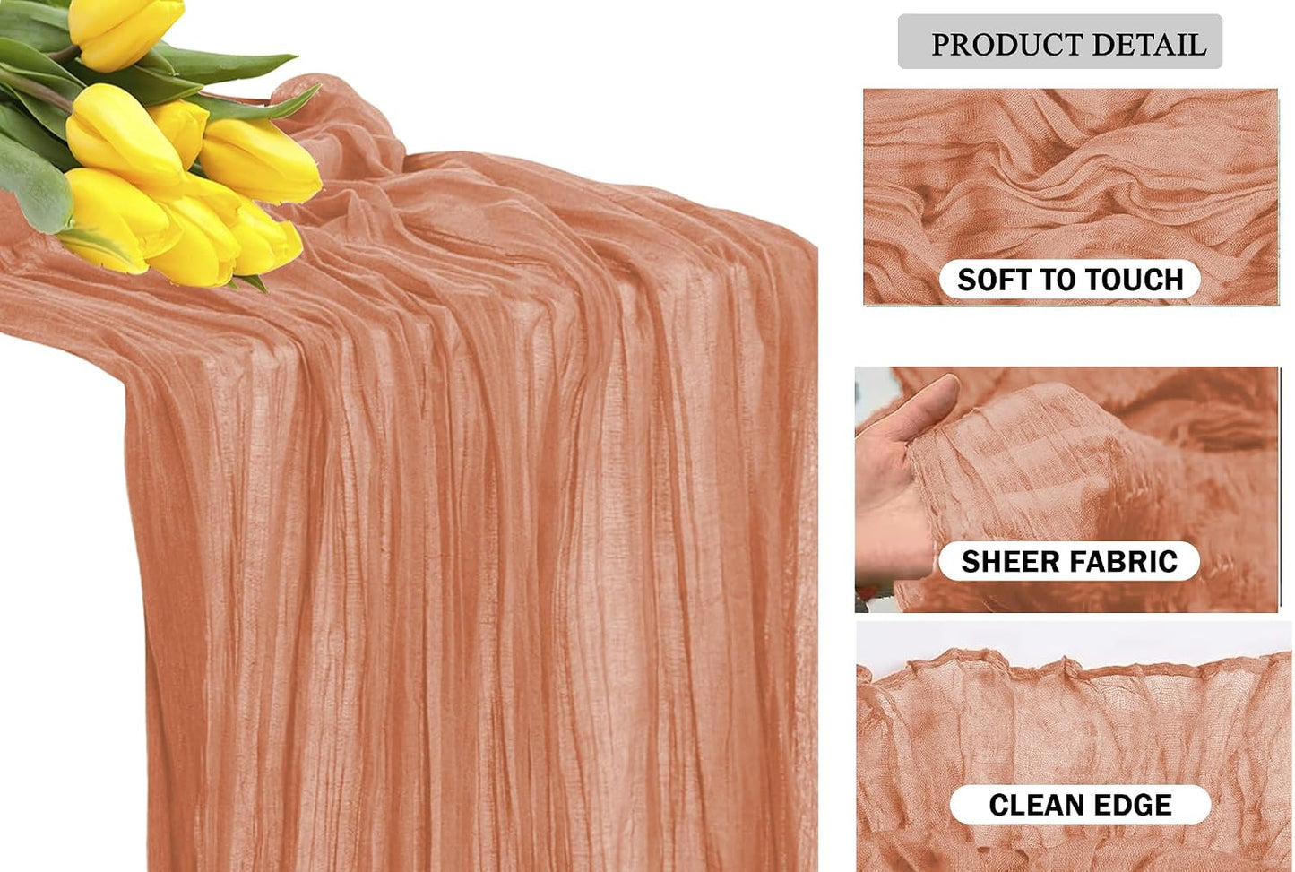 VDS Cheesecloth Table Runner 17” x 108” - 1 PC - Boho Long Crinkle 100% Cotton Gauze Table Runner for Wedding, Bridal & Baby Shower, Party Tablescape, Rustic Farmhouse Table Décor - Coral Peach
