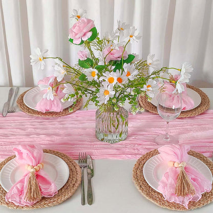 Blush Pink Cheesecloth Table Runner 10Ft + 6 Napkins + 6 Wood Bead Tassel Napkin Rings Gauze Runner Napkins Set for Wedding Baby Shower Birthday Dining Table Decor