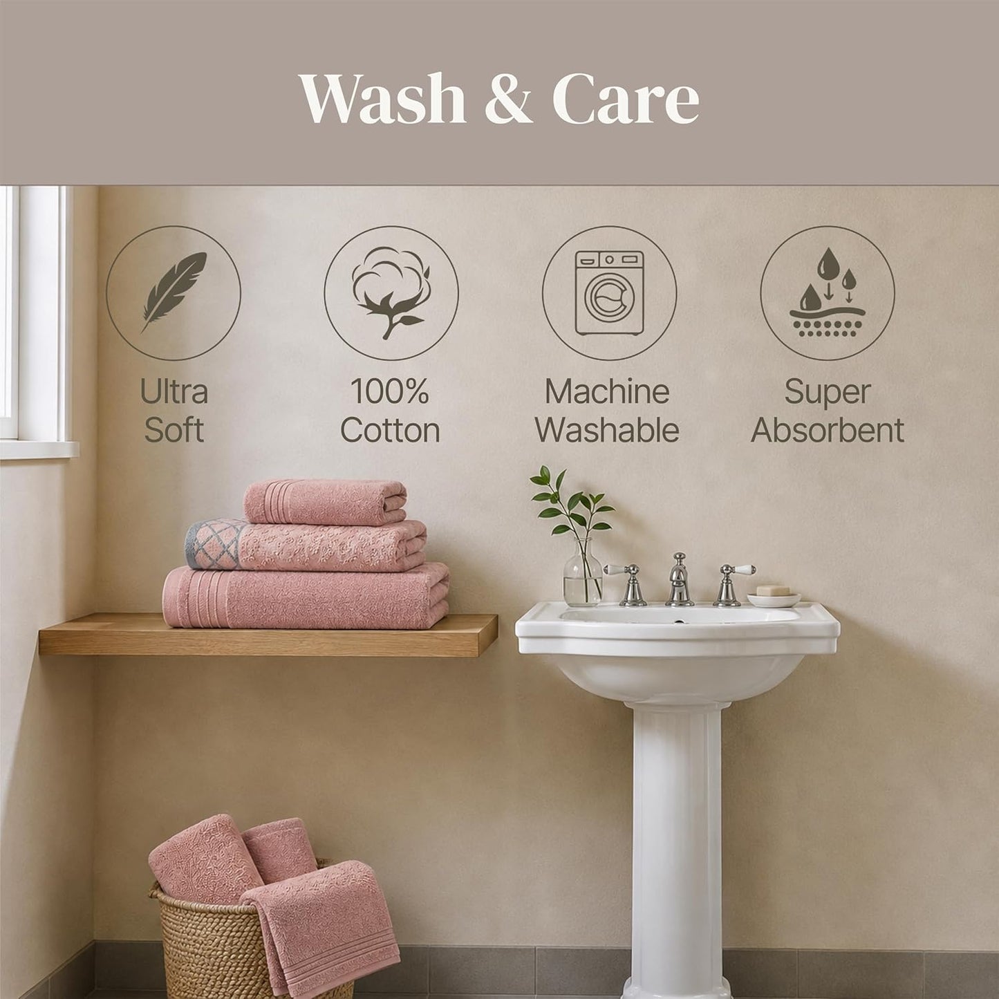 Modern Threads 6 Piece Cotton Bath Towel Set – Ultra Soft 550 GSM Towels – Bathroom Set with Hand Towels and Washcloths – Diamond Border (Blush)