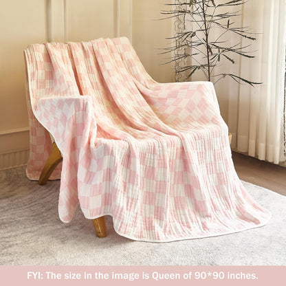SANACYNA 100% Cotton Muslin Throw Blanket 6-Layer Gauze Pink Checkered Bed Blanket Lightweight Soft Breathable Cooling Blanket for Sofa Couch Both Sides (Pink Checkerboard, Throw 50"x60")