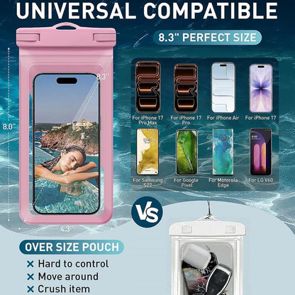 Waterproof Phone Pouch,with Inside Card Bag, Large Waterproof Case for iPhone 17 16 15 14 Pro Max,IPX8 Certified and Lightweight Cellphone Dry Bag Beach Cruise Ship Essential, 1 Pack-Pink-8.3″