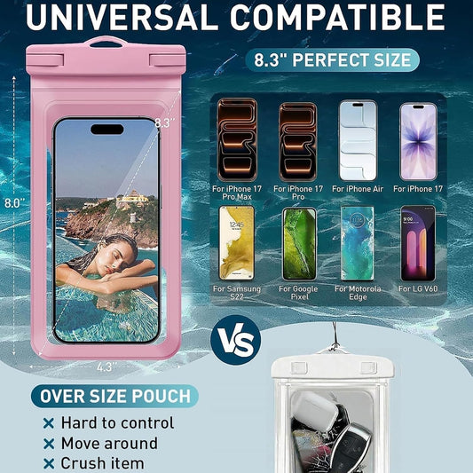 Waterproof Phone Pouch,with Inside Card Bag, Large Waterproof Case for iPhone 17 16 15 14 Pro Max,IPX8 Certified and Lightweight Cellphone Dry Bag Beach Cruise Ship Essential, 1 Pack-Pink-8.3″