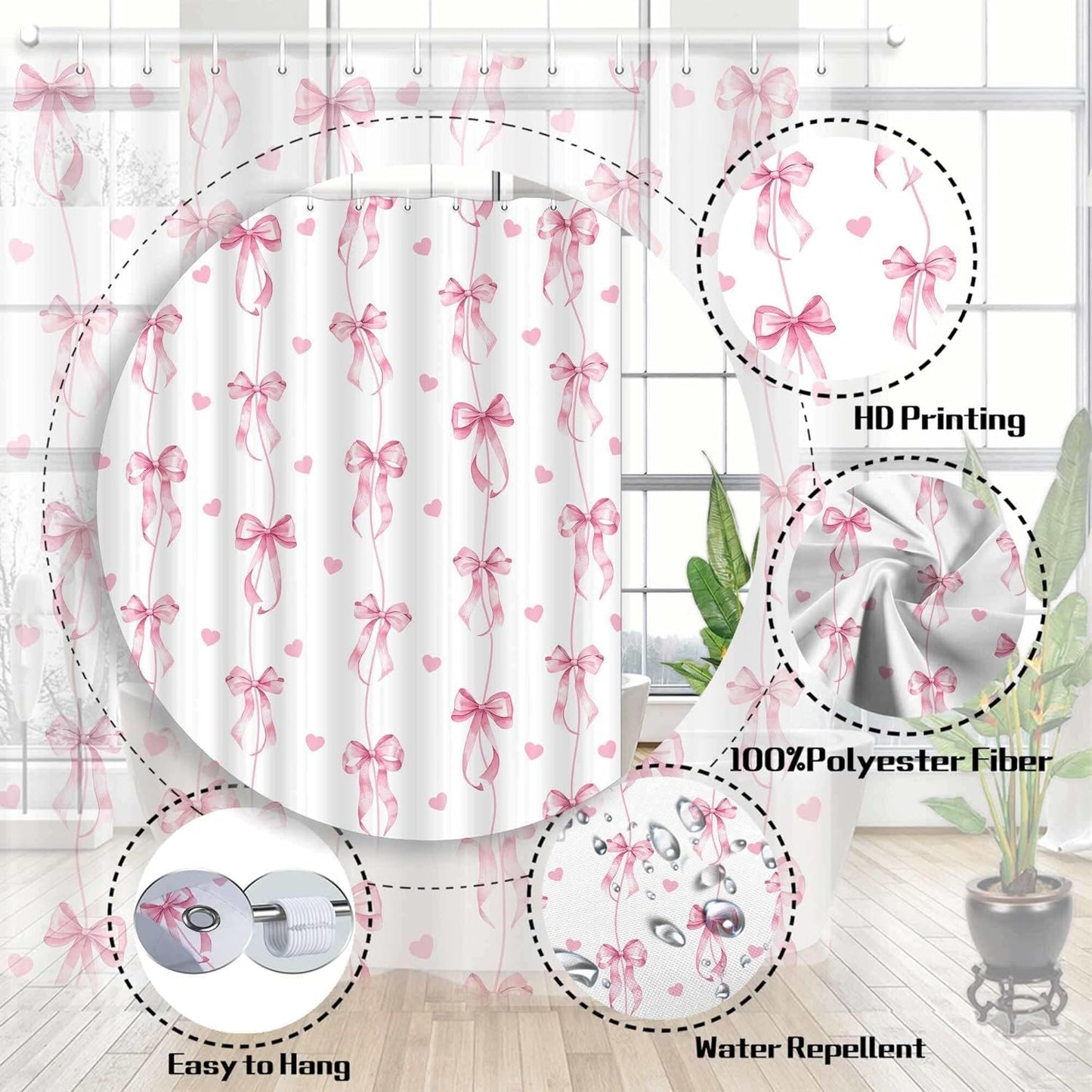Pink Bow Shower Curtain, Cute Aesthetic Bowknot for Teens Girls Aabstract Shower Curtain Set, Princess Style Girly Fairy Tale Theme Bath Curtain Decor with Hooks, 72X72IN