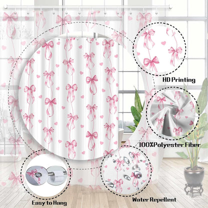 Pink Bow Shower Curtain, Cute Aesthetic Bowknot for Teens Girls Aabstract Shower Curtain Set, Princess Style Girly Fairy Tale Theme Bath Curtain Decor with Hooks, 72X72IN