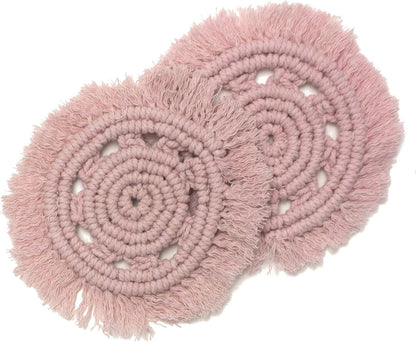 Macrame 100% Cotton Coasters Handmade in India - Elegant and Absorbent 6-inch Round Woven Boho Coaster Set with Fringe Tassels for Drinks and Mugs (2, Blush Pink)