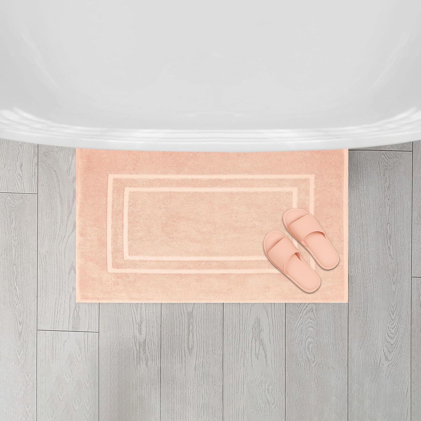 Feather & Stitch 2 Piece Towel Like Bath Mats (30x21 Inch) 100% Cotton Terry Bath Mats, Bathroom Shower Floor Mats [NOT A Bathroom Rug], Soft Absorbent Washable Mats - Pale Peach