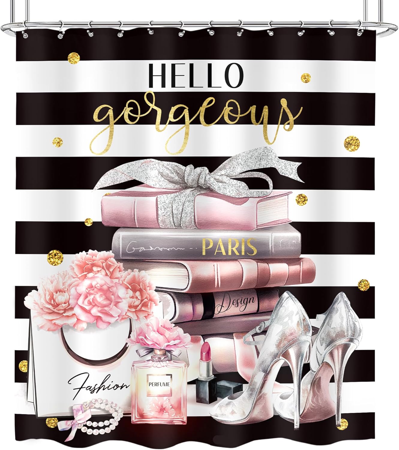 Black and Pink Shower Curtain 60Wx72H Fashion Black White Girly Shower Curtain for Girl Women Modern Flower Floral Perfume Striped High Heels Magazine Books Fabric Bathroom Decor with 12 Hooks