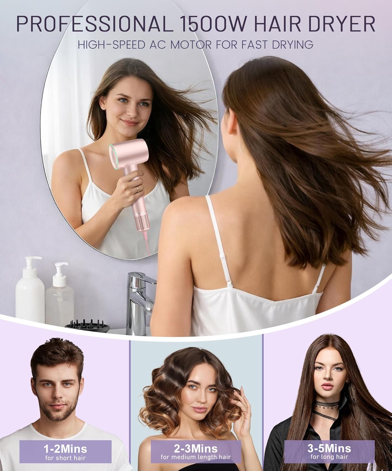 Cosy Companions High-Speed Ionic Hair Dryer, 150000 RPM Brushless Motor for 2-5 Min Fast Drying, Low Noise Blow Dryer Reduces Frizz & Heat Damage, Lightweight Hair Dryer with Diffuser & Nozzle, Pink