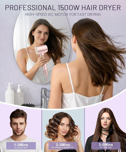 Cosy Companions High-Speed Ionic Hair Dryer, 150000 RPM Brushless Motor for 2-5 Min Fast Drying, Low Noise Blow Dryer Reduces Frizz & Heat Damage, Lightweight Hair Dryer with Diffuser & Nozzle, Pink