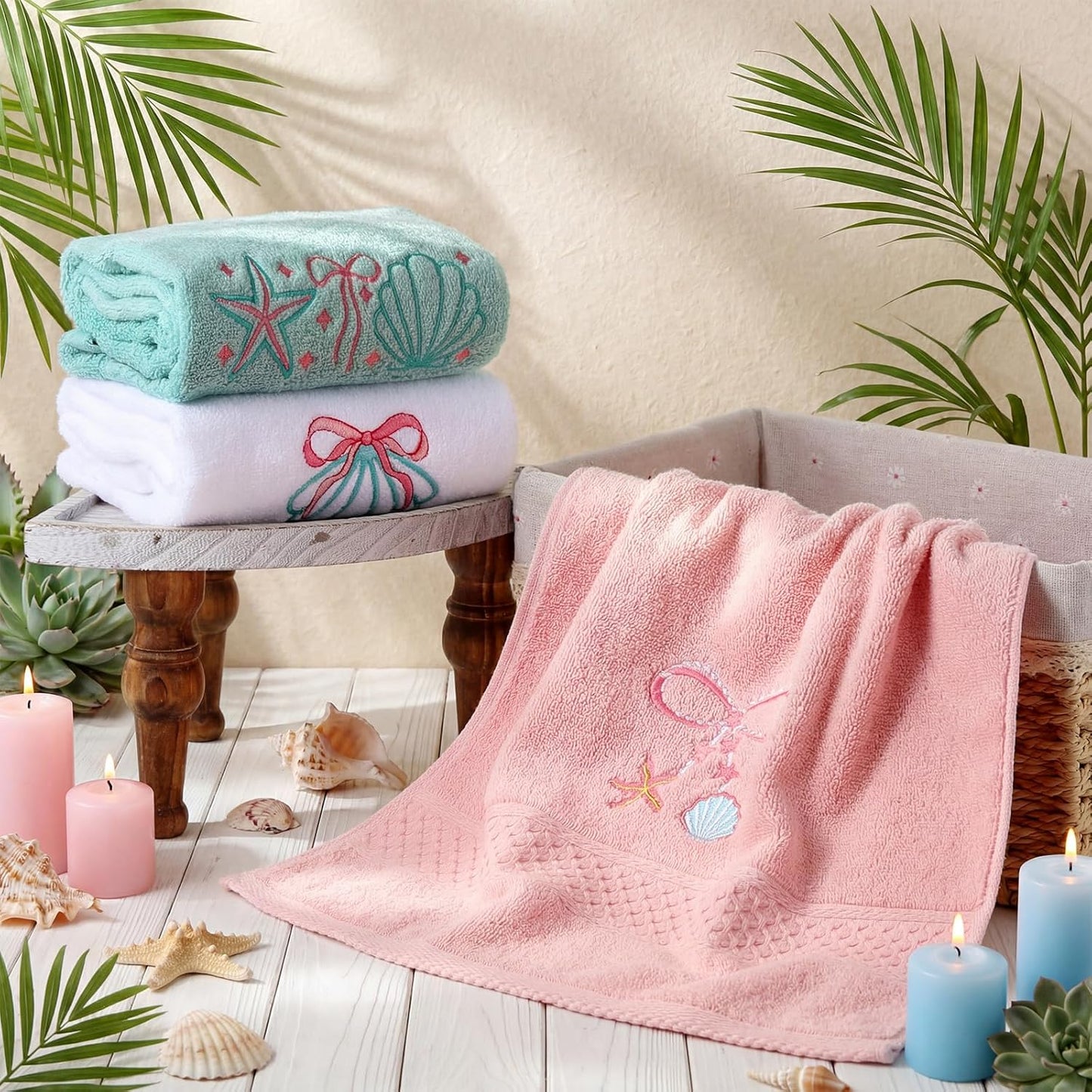 Hahafelt 3 Pack Seashell Bow Coastal Hand Towels for Bathroom 100% Cotton Embroidered Beach Bathroom Towels 13.78 x 29.53 Inch Soft Absorbent, Green Pink White