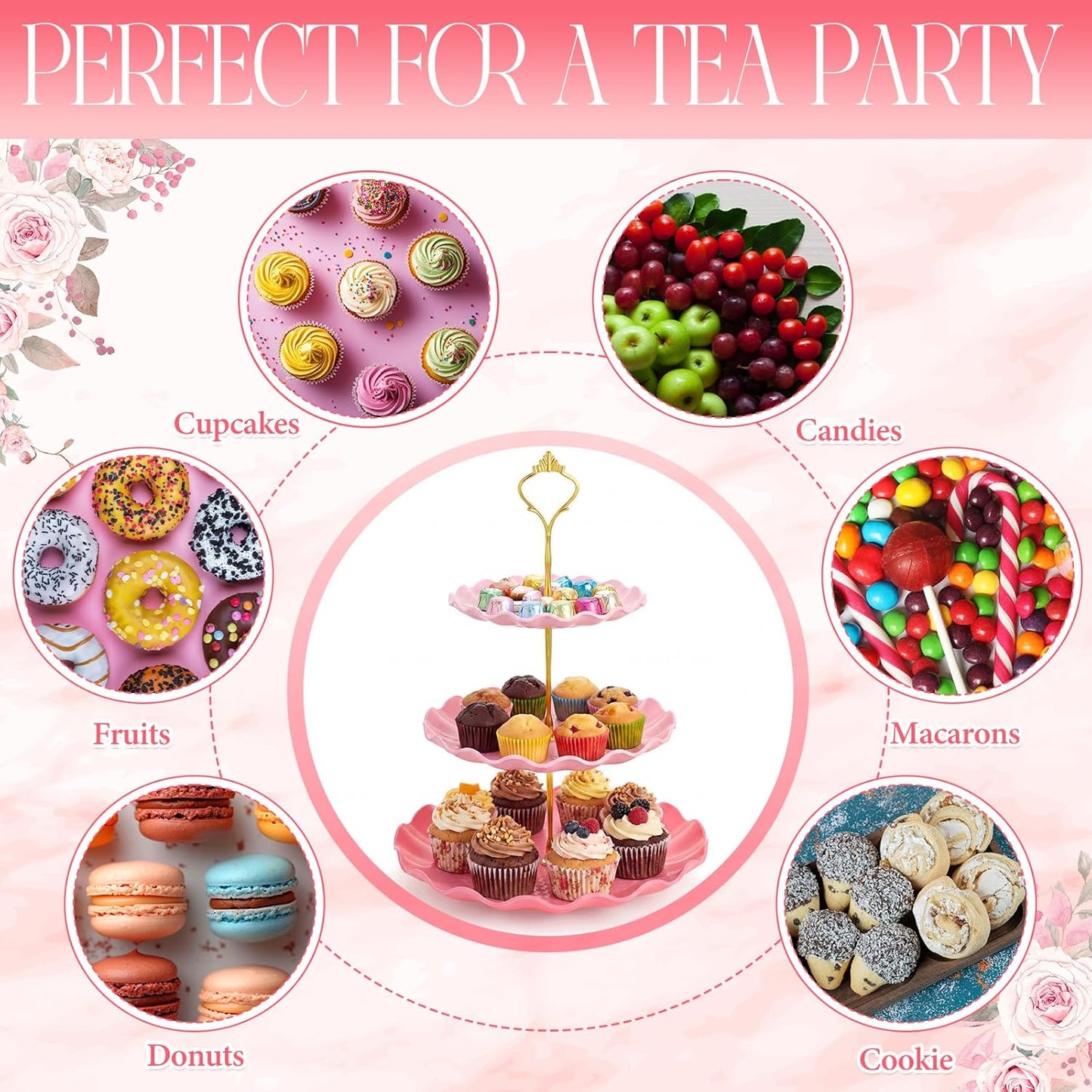 Novabright 3 Pack Pink Cupcake Stands, Round 3-Tier Gradient Serving Tray, Plastic Dessert Table Display Tower for Wedding Bridal Baby Shower Birthday Tea Party