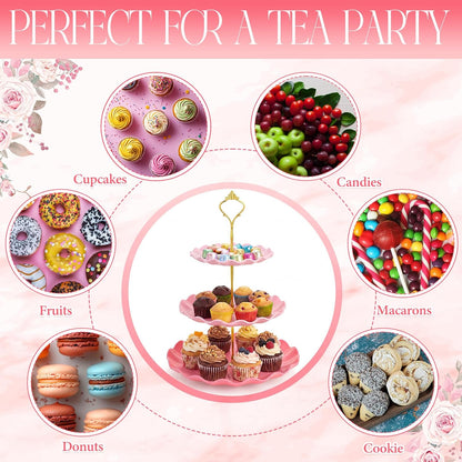 Novabright 3 Pack Pink Cupcake Stands, Round 3-Tier Gradient Serving Tray, Plastic Dessert Table Display Tower for Wedding Bridal Baby Shower Birthday Tea Party