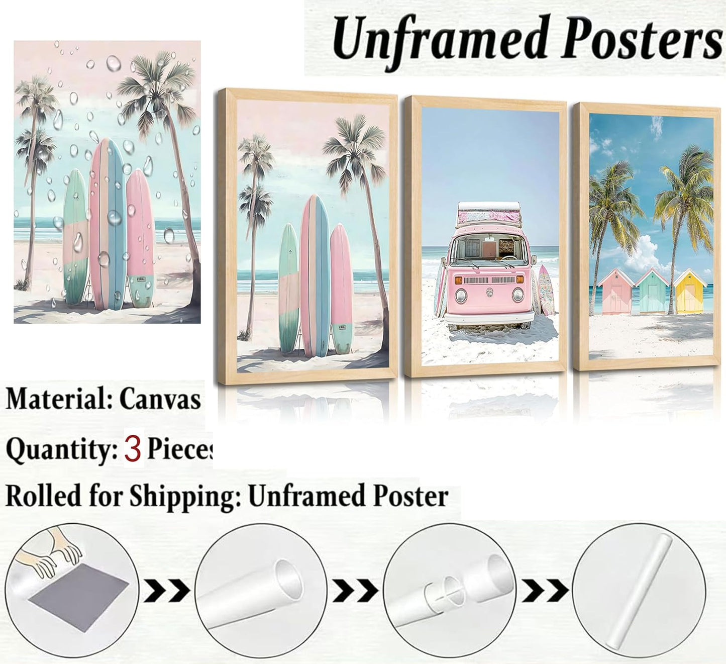 3Pcs Pink Beach Wall Art Tropical Teen Girl Coastal Canvas Poster Print Surfboard Palm Picture Wall Decor for Beach Room Bathroom Living Room Bedroom 12x16in Unframed