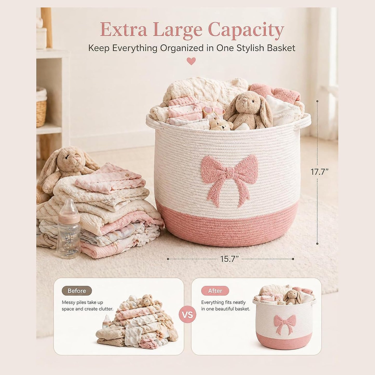 Baby Laundry Basket, Toy Storage Basket for Kids, Large Nursery Storage Basket with Pink Bow Design, Cotton Rope Organizer Bin with Handles for Toys, Blankets, Clothes and Baby Essentials