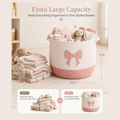 Baby Laundry Basket, Toy Storage Basket for Kids, Large Nursery Storage Basket with Pink Bow Design, Cotton Rope Organizer Bin with Handles for Toys, Blankets, Clothes and Baby Essentials