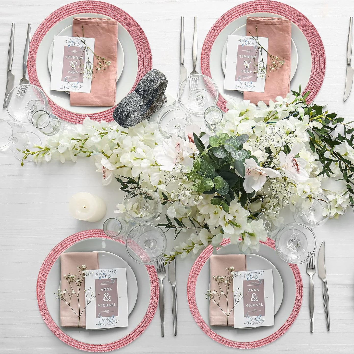 Buryeah 24 Pieces 13 Inch Christmas Round Placemats Circle Woven Place Mats Boho Decor Dining Table Mats Table Scape Hosting Friends for Wedding Birthday Dinner Parties (Pink)