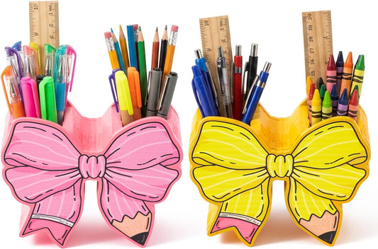 WATINC Bow Pencil Holder for Desk - 2pcs Cute Bowknot Pen Dispenser Wooden Desk Organizer for Back to School Office Home Decor Supplies, Funny Gift Makeup Brush Stand for Women (Yellow Pink)