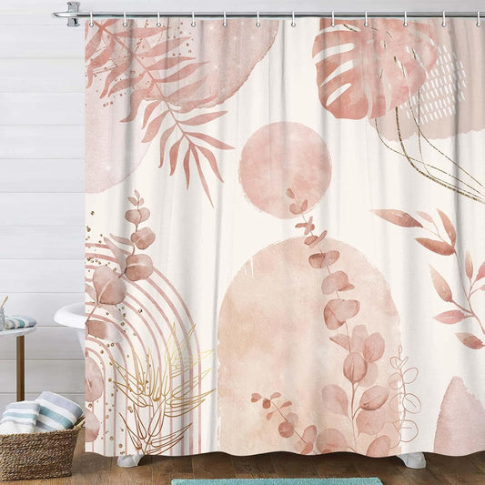 Pink Boho Shower Curtain, Abstract Bohemian Mid Century Modern Tropical Palm Leaves Shower Curtain Set, Gold Geometric Plant Minimalist Polyester Bathroom Decor Bath Curtains with Hooks,36X72