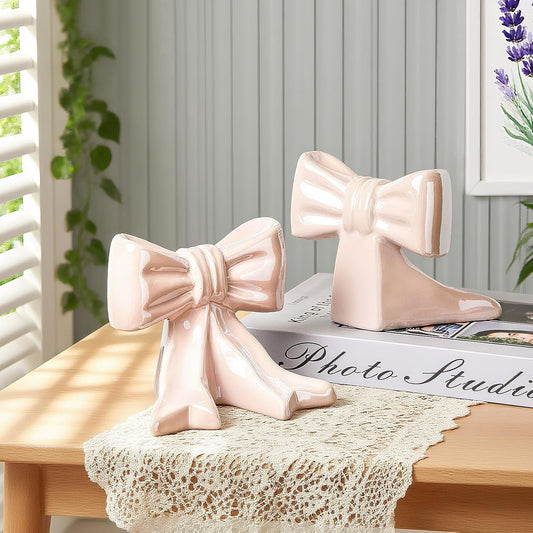 1 Pair Ceramic Bow Bookends Glossy Finish Desk Decor with Non-Slip Base, 4.3x3.5x4.3 Inch Shelf Organizers for Home/Dorm/Office (Pink)