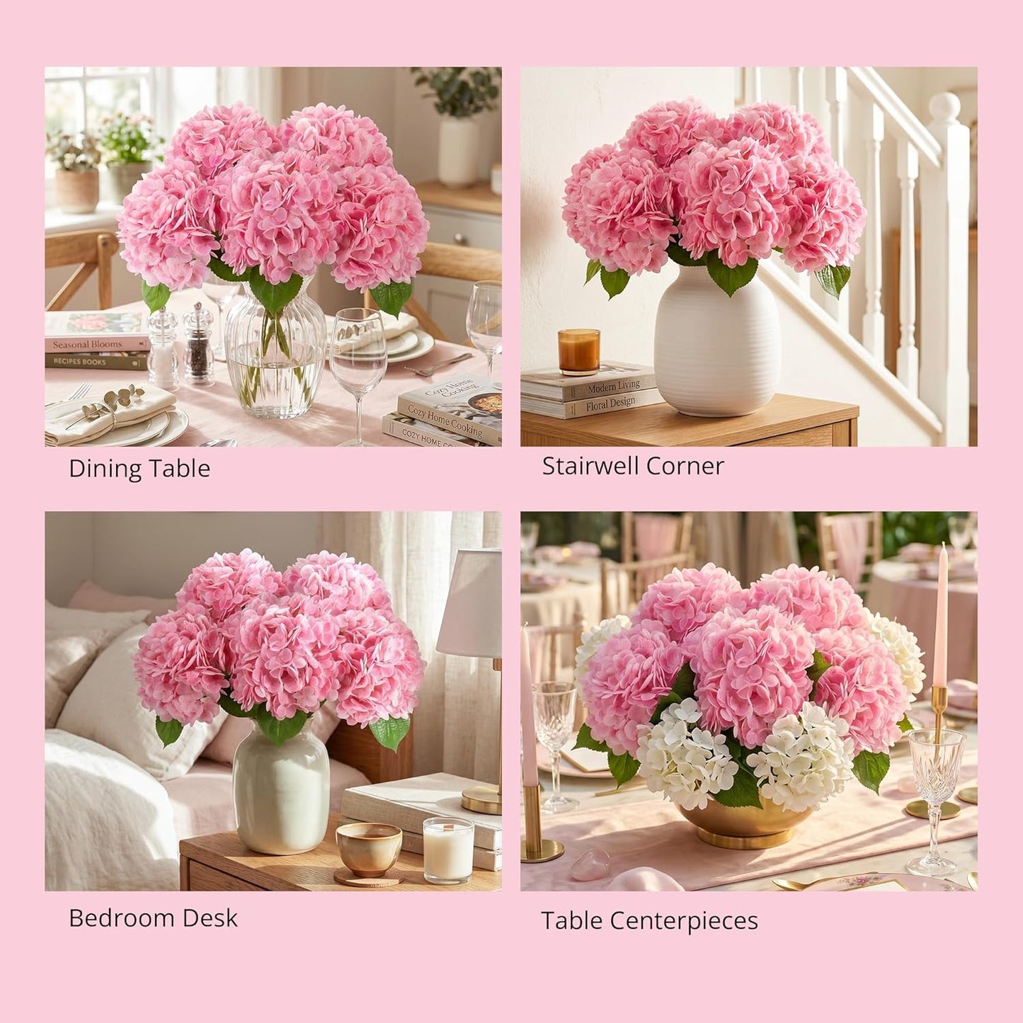 Auihiay 5PCS Pink Hydrangea Artificial Flowers, Real Touch Faux Hydrangea Flowers, Realistic Hydrangeas for Home Decor Party Floral Arrangements Wedding Bouquets Centerpieces (Pink)