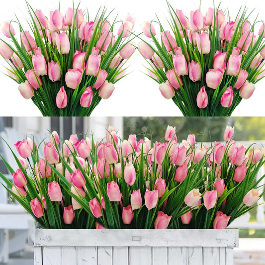 12 Bundles 60 Heads Artificial Tulips Fake Flowers Outdoor UV Resistant Silk Tulip Faux Plastic Greenery Shrubs Plants for Outside Planter Porch Garden Patio Decor (Pink)
