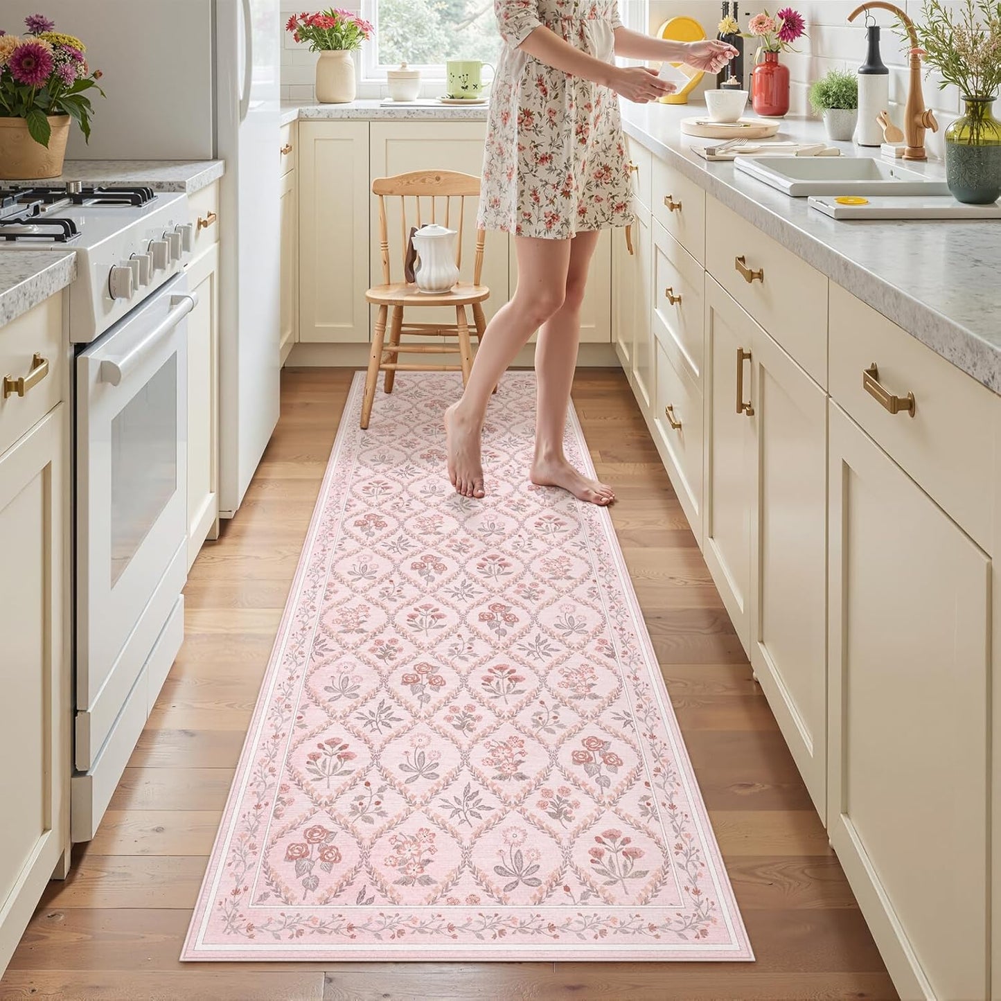 Pink Runner Rug for Bathroom 2x6, Washable Runner Rug Non Slip, Aesthetic Boho Floral Kitchen Area Carpet for Bedroom Hallway Laundry Entryway