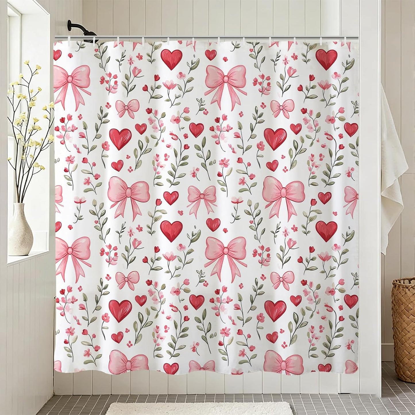 Baccessor Pink Bows Shower Curtain,Pink Love Hearts Bows Girly Shower Curtains Bathroom Bath Home Valentines Day Decor Waterproof Polyester Fabric with Hooks 72 W x72 H Inch