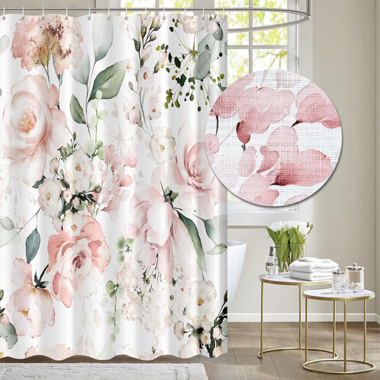 Tititex Blooming Bright Pink White Roses Floral Faux Linen Shower Curtain, Watercolor Leaves with Flowers Bathroom Decoration Shower Curtain Sets 71x71 Inch with Hooks