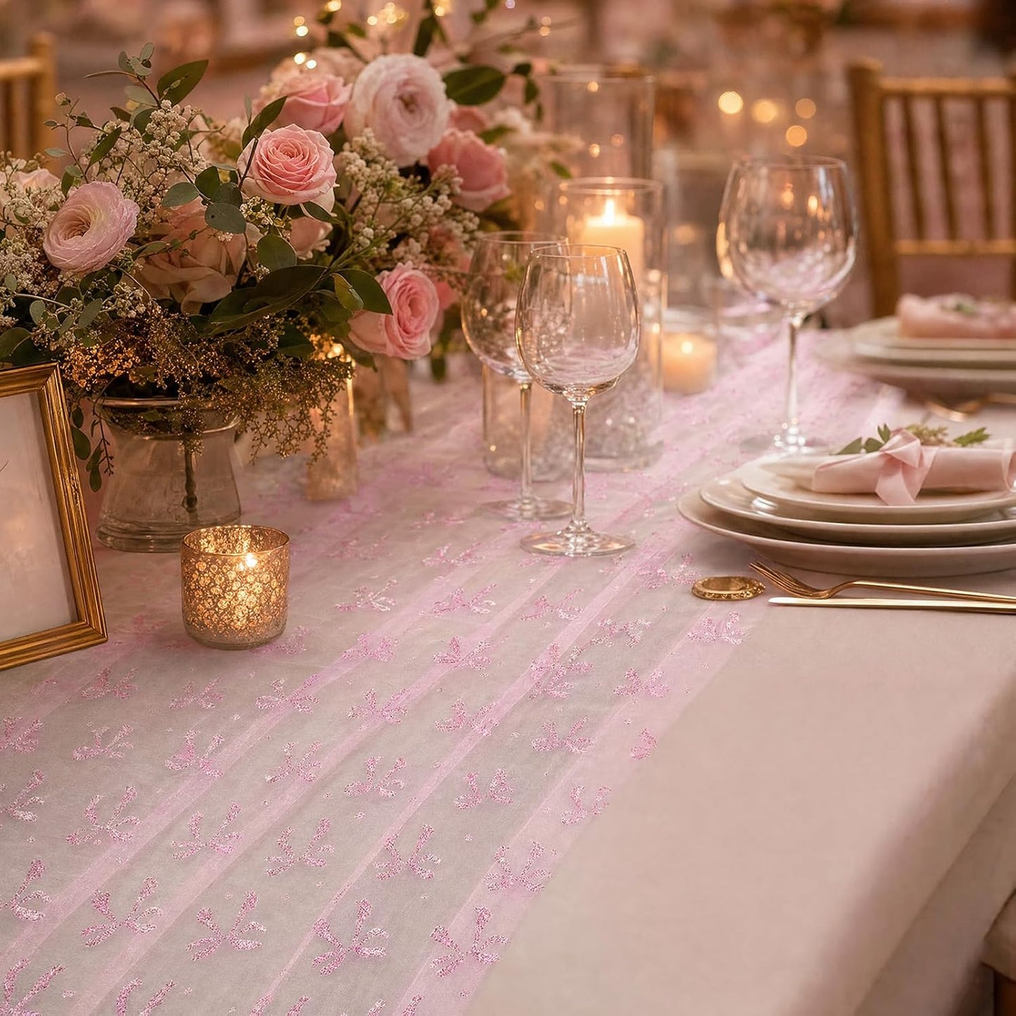 4 Pack Pink Butterfly Table Runner 29.5 x 71 Inches, 3D Hot-Stamped Iridescent Tulle Table Decor, Sheer Lace Fabric Overlay for Wedding, Baby Shower, Girl Birthday Party, Bridal Shower DIY Decorations