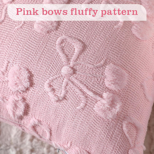 Mixweer Pink Bow Pillow Covers Set of 2 Cute Cherry Throw Pillow Cover 18 x 18 Coquette Decor Preppy Soft Fluffy Plush Pillowcover Aesthetic Gift for Girls Room Decor Living Room Sofa Couch